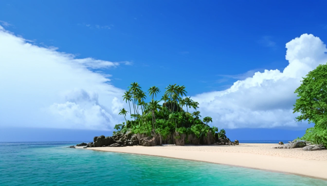 arafed island with palm trees and a sandy beach, tropical island, epic matte painting of an island, island in a blue sea, monsoon on tropical island, tropical location, island with cave, many islands, no humans, tree, cloud, sky, outdoors, scenery, day, palm tree, ocean, water, beach, blue sky, horizon, cloudy sky, nature, sand