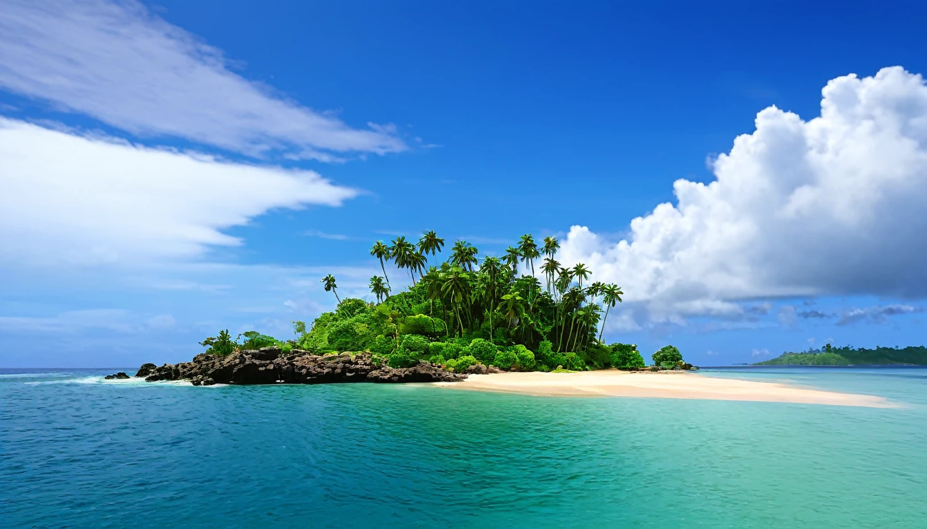 arafed island with palm trees and a sandy beach, tropical island, epic matte painting of an island, island in a blue sea, monsoon on tropical island, tropical location, island with cave, many islands, no humans, tree, cloud, sky, outdoors, scenery, day, palm tree, ocean, water, beach, blue sky, horizon, cloudy sky, nature, sand