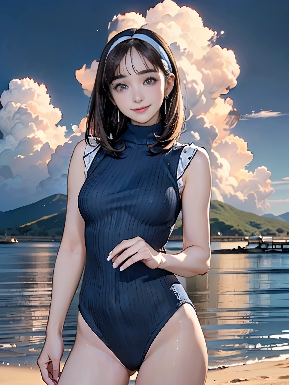 ((((Highest quality))))、(((Ultra-precision CG16K wallpaper)))、(((masterpiece)))、(((Super detailed)))、(((Extreme detail)))、((1Mature 29 year old woman:1.6))、((Very beautiful Japan face of a person))、((Urizane Face:1.6))、((Medium Straight Hair、blunt bangs:1.8))、(Shiny brown hair)、A delicately drawn beautiful face、Dark Eyes、High nose、Small nostrils、Small Mouth、Seductive lips、Beautiful breasts、((C cup size breasts))、Beautiful feet、eight-headed body、Perfect proportions、Perfect Anatomy、Perfect composition、Beautiful detailed shading、Beautiful, natural lighting、Beautiful detail glow、Depth of written boundary、(((High chroma)))、(((Real:1.9)))、((vivid:1.5))、((Beautiful Skin))、((Skin Texture))、((Realな皮膚感))、(((Cowboy Shot:1.6)))、((front view、shoot from front、front low angle:1.6))、(((smile:1.7)))、((The woman is looking at this、looking at viewer:1.6))、Bright daylight、Natural light、(((background_lake、Mountain、cloud:1.4)))、(Gravure idol standing pose:1.6)、(((Light blue and navy blue high neck sleeveless summer knit leotard:1.6)))、((hair band、Wearing earrings:1.5))、((Knee socks clothing))、