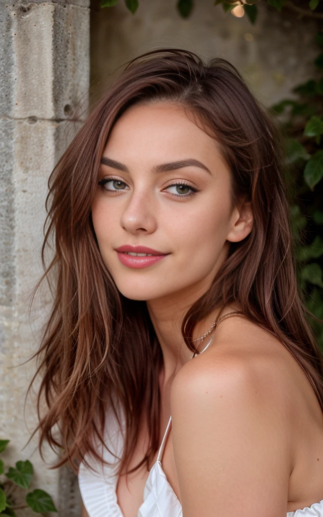 a 22 year old woman, ein elegantes Erscheinungsbild. My brown hair falls in long waves over my shoulders and hangs down at the sides of my breasts, frames my face and highlights my green eyes. Meine vollen, red lips are shaped into a smile. My snub nose is covered with freckles, which contrast with my tanned skin. Meine Augenbrauen sind dick und dunkel, gives me a seductive look. Meine Wangenknochen sind hoch und definiert, und meine Wimpern sind lang und geschwungen. zeigt meine Kurven. The 22-year-old Italian model stands in front of a flowering tree. Ihre Pose ist elegant und entspannt, with the body facing the camera, Gesicht zur Kamera gewandt. sie ist an eine Wand gelehnt. im hintergrund sieht man eine steinmauer. the model wears a long elegant dress with ruffles, Ihr Haar ist offen und weht im Wind, and her makeup is light and natural. . Die Aufnahme ist nah am Modell, mit der Kamera etwas tiefer positioniert, to highlight their beauty. The sky is purple and orange and gives a romantic atmosphere, she laughs and smiles . she seems happy.