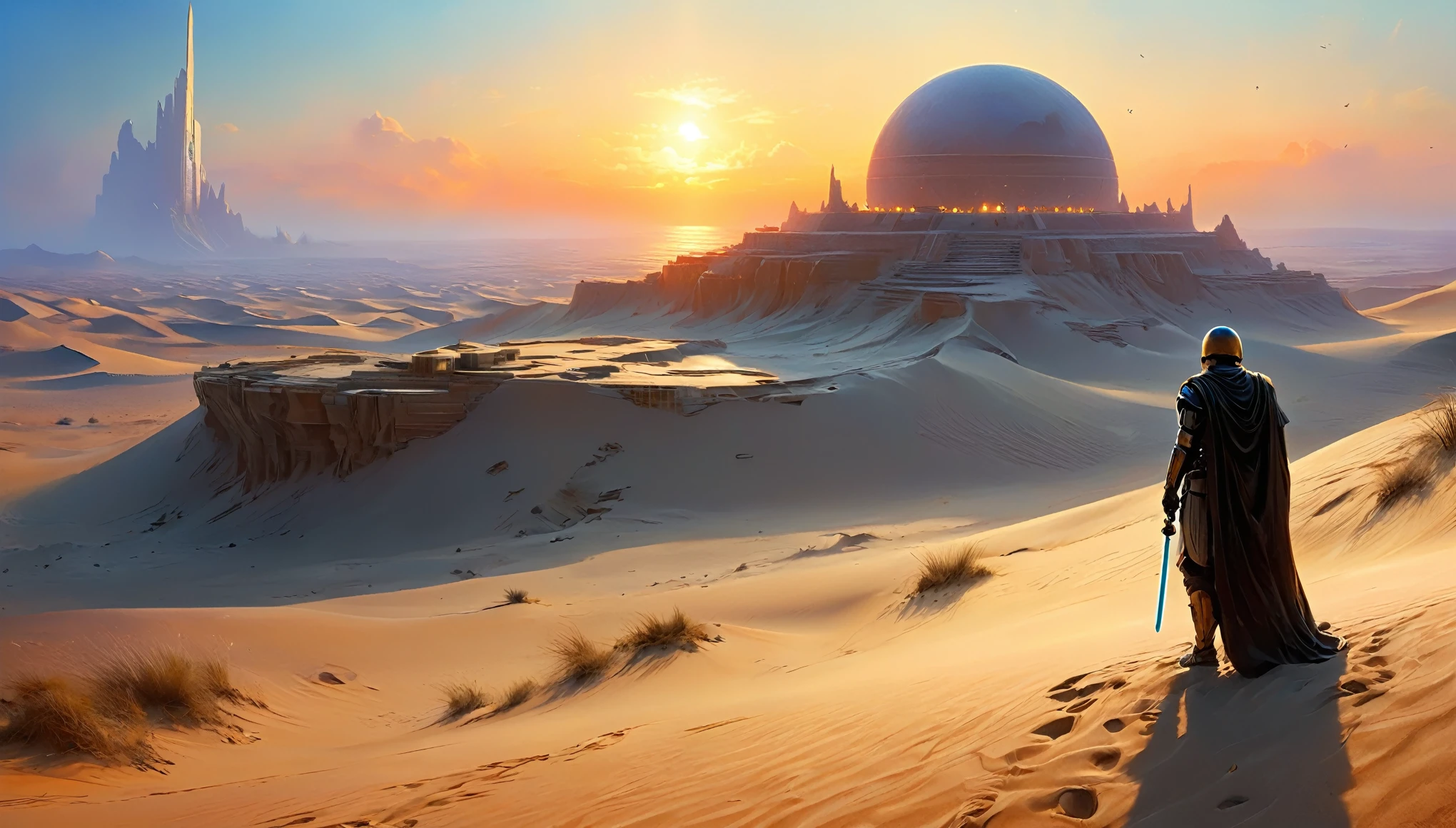 “Imagine a scene on a distant desert planet, reminiscente de Tatooine, where a lone Jedi knight finds himself on a sand dune, observando o horizonte. In the sky, two moons are visible, e ao longe, the ruins of an ancient civilization emerge from the sands. The light of the sunset reflects off the Jedi's lightsaber, creating a contrast with the shadows that begin to lengthen across the desert,hyper realistic composition,32k resolution,cinematic composition,cinematic color grading.photography whit Phaseone 85mm,death of field lens.