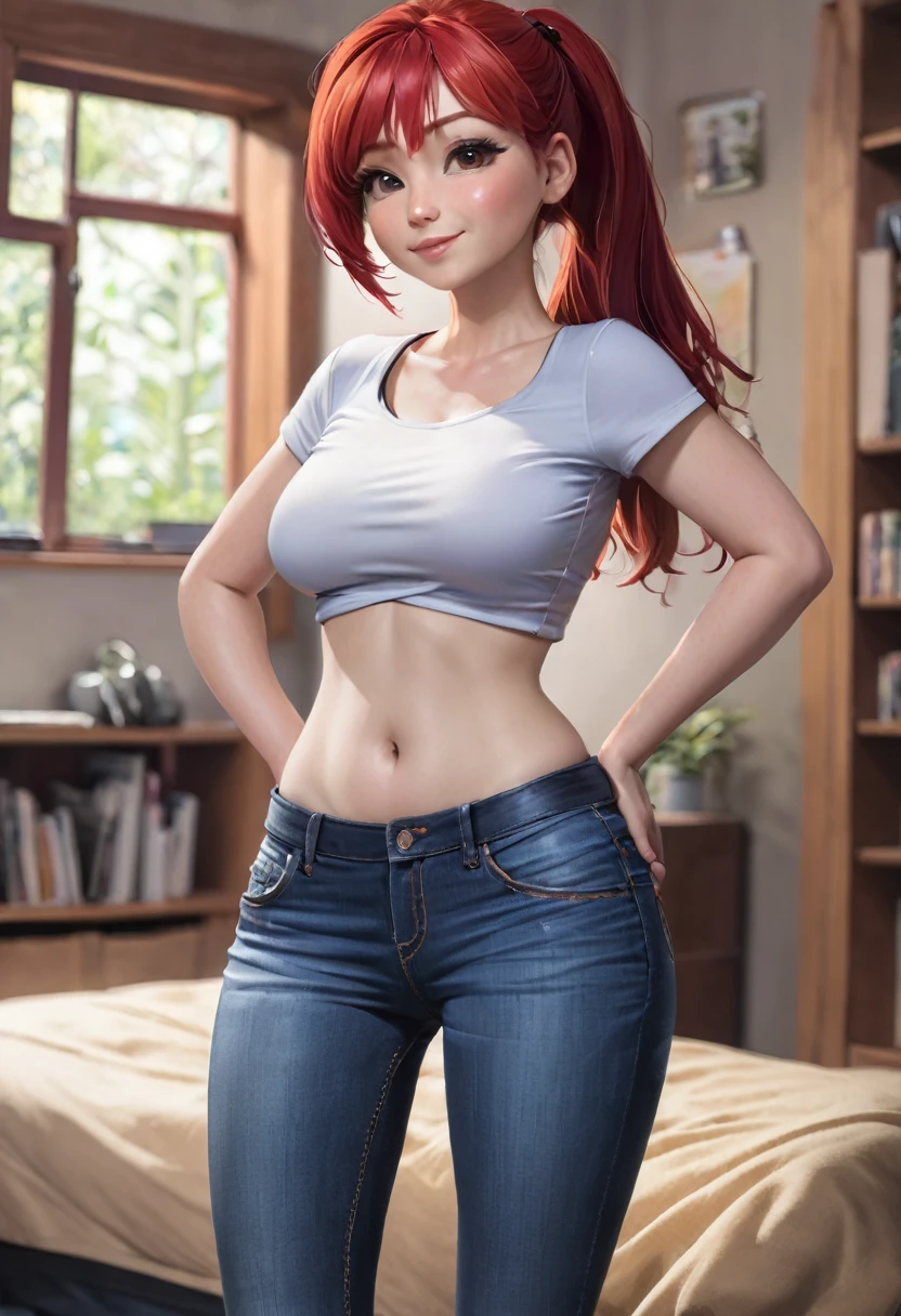 A red-haired girl wearing a short shirt showing her belly and wearing tight jeans 