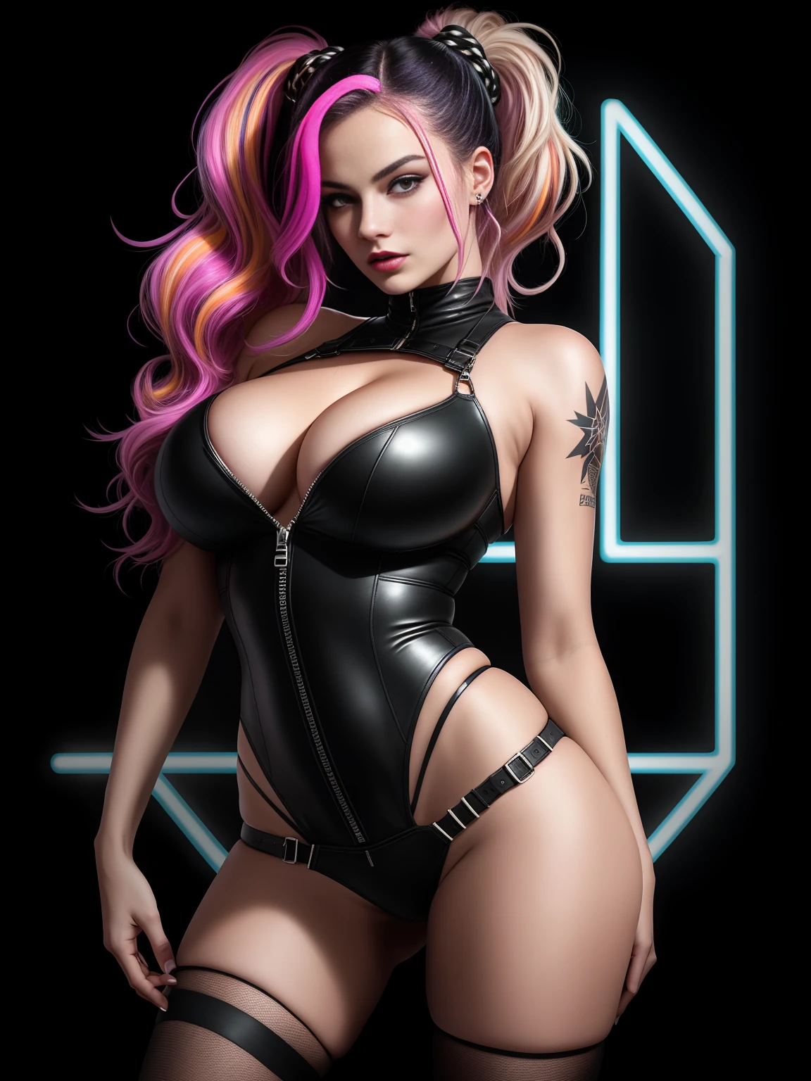 there is Margot Robbie, black neon streaked hair, hair in pony tail, 3 d neon art of a womans body, neon-noir background, cyberpunk femme fatale, seductive cyberpunk dark fantasy, cyberpunk strip clubs, cyberpunk 20 y. o model girl, oppai cyberpunk, banner, high definition cgsociety, cgsociety masterpiece, trending on cgstation, kda, random hair, nice ass, back to camera, gigantic breasts, cleavage, (high detailed skin:1.2), 8k uhd, dslr, super lighting, high quality, film grain, high res, highly detailed, hyper realistic, beautiful face, beautiful body, beautiful eyes nose lips, alluring expression, very bold, upper  visible, full body photo, standing legs apart, pale translucent glowing skin, most beautiful face, cute, (well defined pubic hair:1.2)), (dark plain black background:1.4))