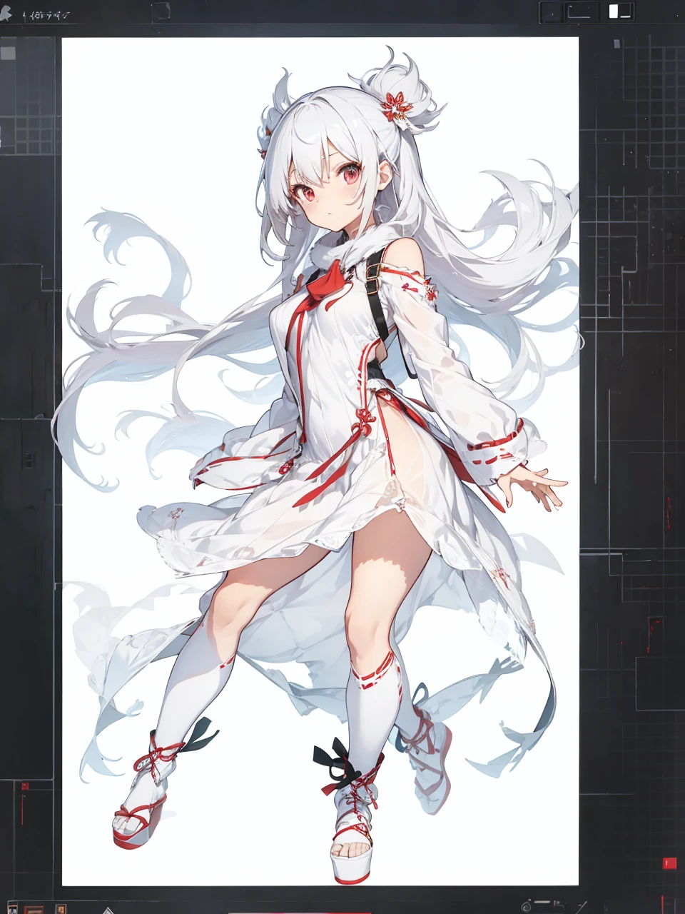miko dress,big chest,white hair,full body