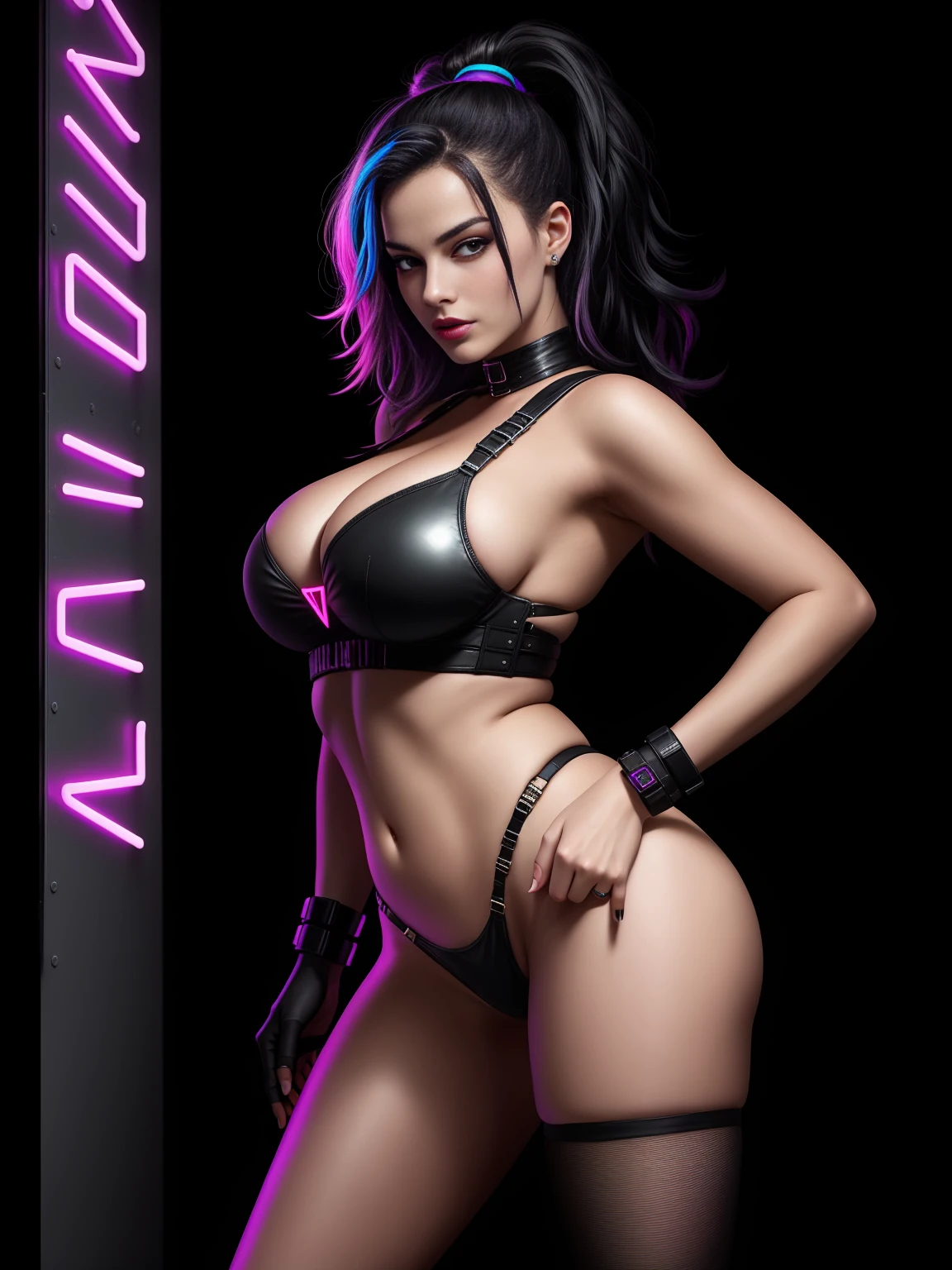 there is Margot Robbie, black neon streaked hair, hair in pony tail, 3 d neon art of a womans body, neon-noir background, cyberpunk femme fatale, seductive cyberpunk dark fantasy, cyberpunk strip clubs, cyberpunk 20 y. o model girl, oppai cyberpunk, banner, high definition cgsociety, cgsociety masterpiece, trending on cgstation, kda, random hair, nice ass, back to camera, gigantic breasts, cleavage, (high detailed skin:1.2), 8k uhd, dslr, super lighting, high quality, film grain, high res, highly detailed, hyper realistic, beautiful face, beautiful body, beautiful eyes nose lips, alluring expression, very bold, upper visible, full body photo, standing legs apart, pale translucent glowing skin, most beautiful face, cute, (well defined pubic hair:1.2)), (dark plain black background:1.4))