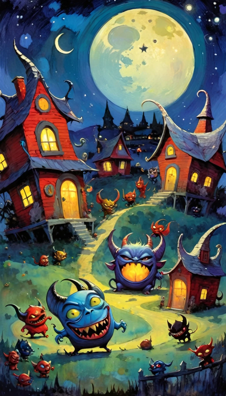 village of small and funny demons, impressive landscape, small and funny demons, fantastic, night sky, moon, stars, background, (demon houses) (many demons have fun, play and dance) (art inspired by Skottie Young and Bill Sienkiewicz). oil painting)