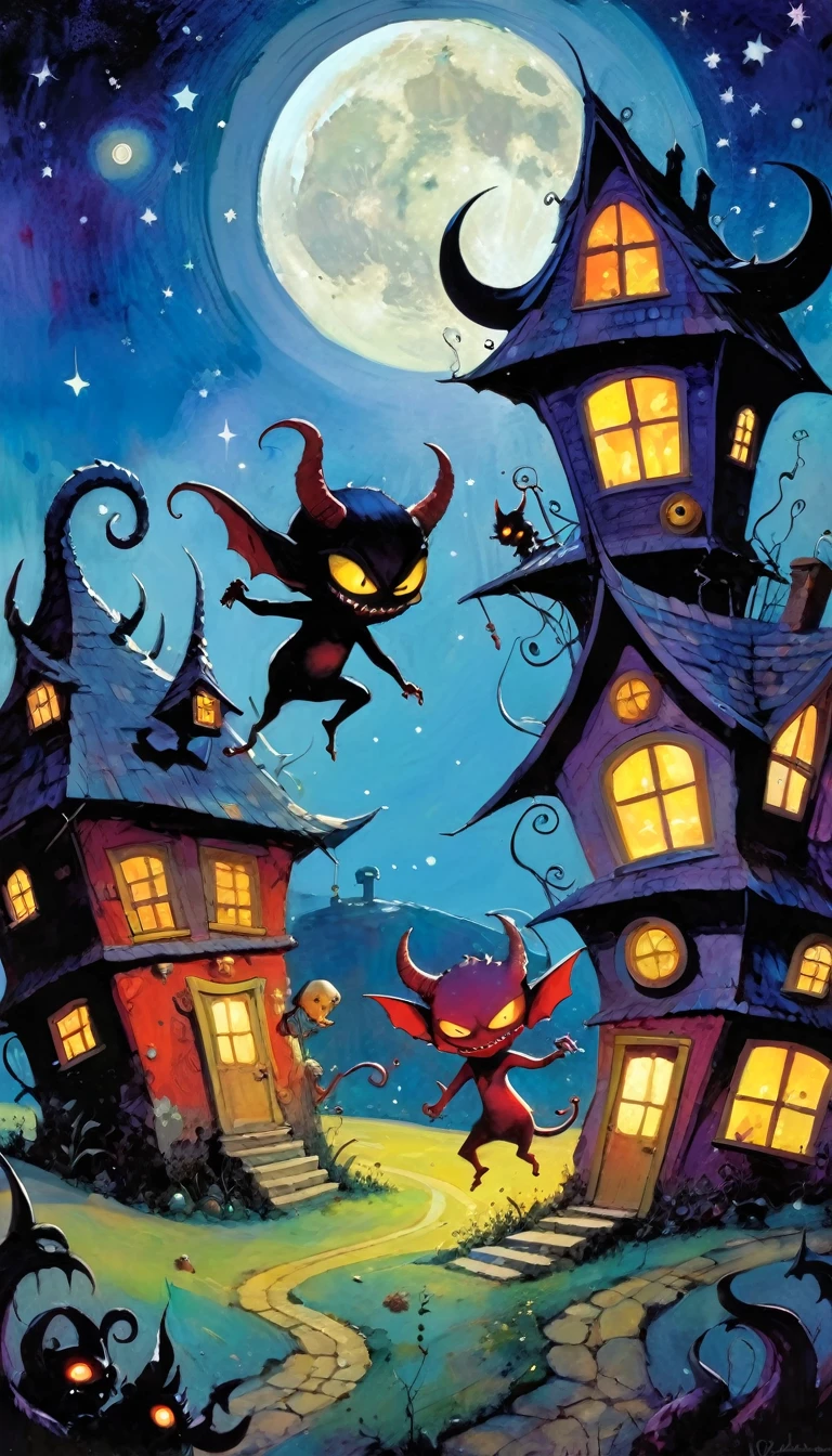 village of small and funny demons, impressive landscape, small and funny demons, fantastic, night sky, moon, stars, background, (demon houses) (many demons have fun, play and dance) (art inspired by Skottie Young and Bill Sienkiewicz). oil painting)