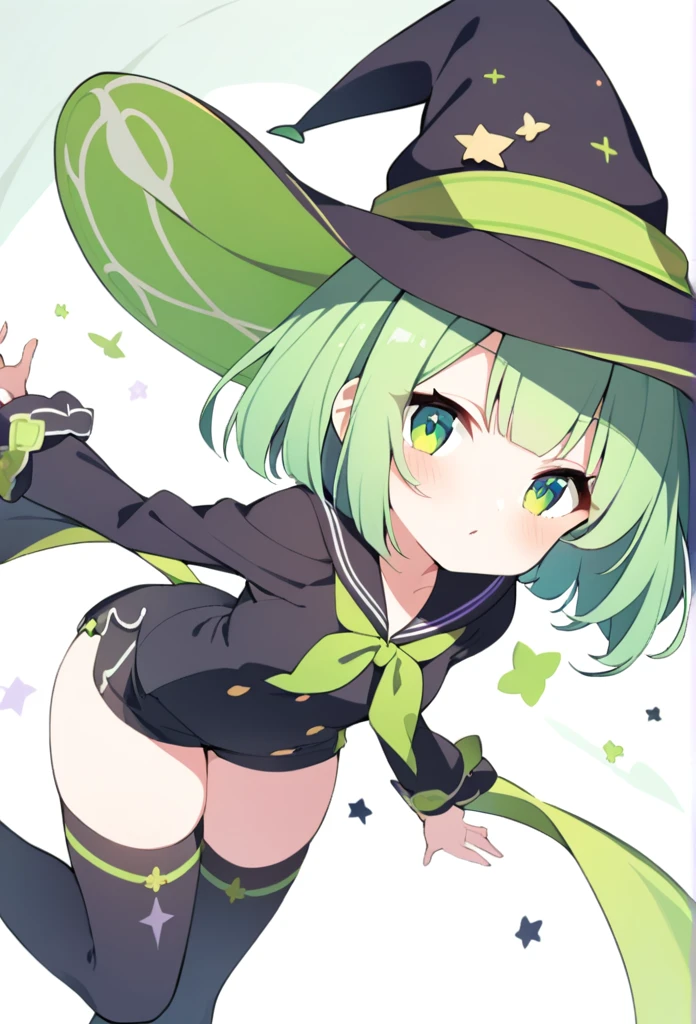 1 girl, cute, young, green hair, bob haircut, green eyes, witch, thigh high,
