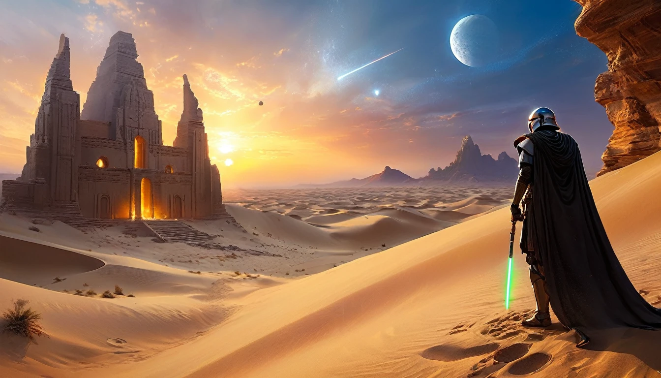 “Imagine a scene on a distant desert planet, reminiscente de Tatooine, where a lone Jedi knight finds himself on a sand dune, observando o horizonte. In the sky, two moons are visible, e ao longe, the ruins of an ancient civilization emerge from the sands. The light of the sunset reflects off the Jedi's lightsaber, creating a contrast with the shadows that begin to lengthen across the desert,hyper realistic composition,32k resolution,cinematic composition,cinematic color grading.photography whit Phaseone 85mm,death of field lens.