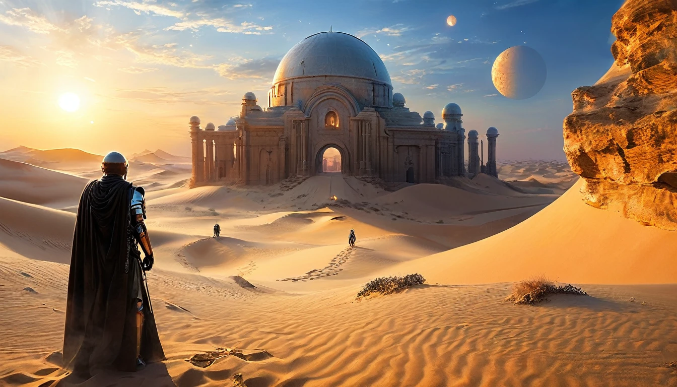 “Imagine a scene on a distant desert planet, reminiscente de Tatooine, where a lone Jedi knight finds himself on a sand dune, observando o horizonte. In the sky, two moons are visible, e ao longe, the ruins of an ancient civilization emerge from the sands. The light of the sunset reflects off the Jedi&#39;s lightsaber, creating a contrast with the shadows that begin to lengthen across the desert,hyper realistic composition,32k resolution,cinematic composition,cinematic color grading.photography whit Phaseone 85mm,death of field lens.