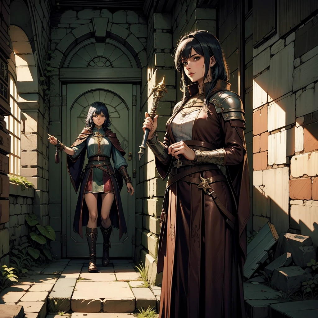 最high quality、high quality、Robe/Skirt、8Old Adventurer、Climb the stairs of the underground dungeon、Equipped with a dagger and a leather shield、dim