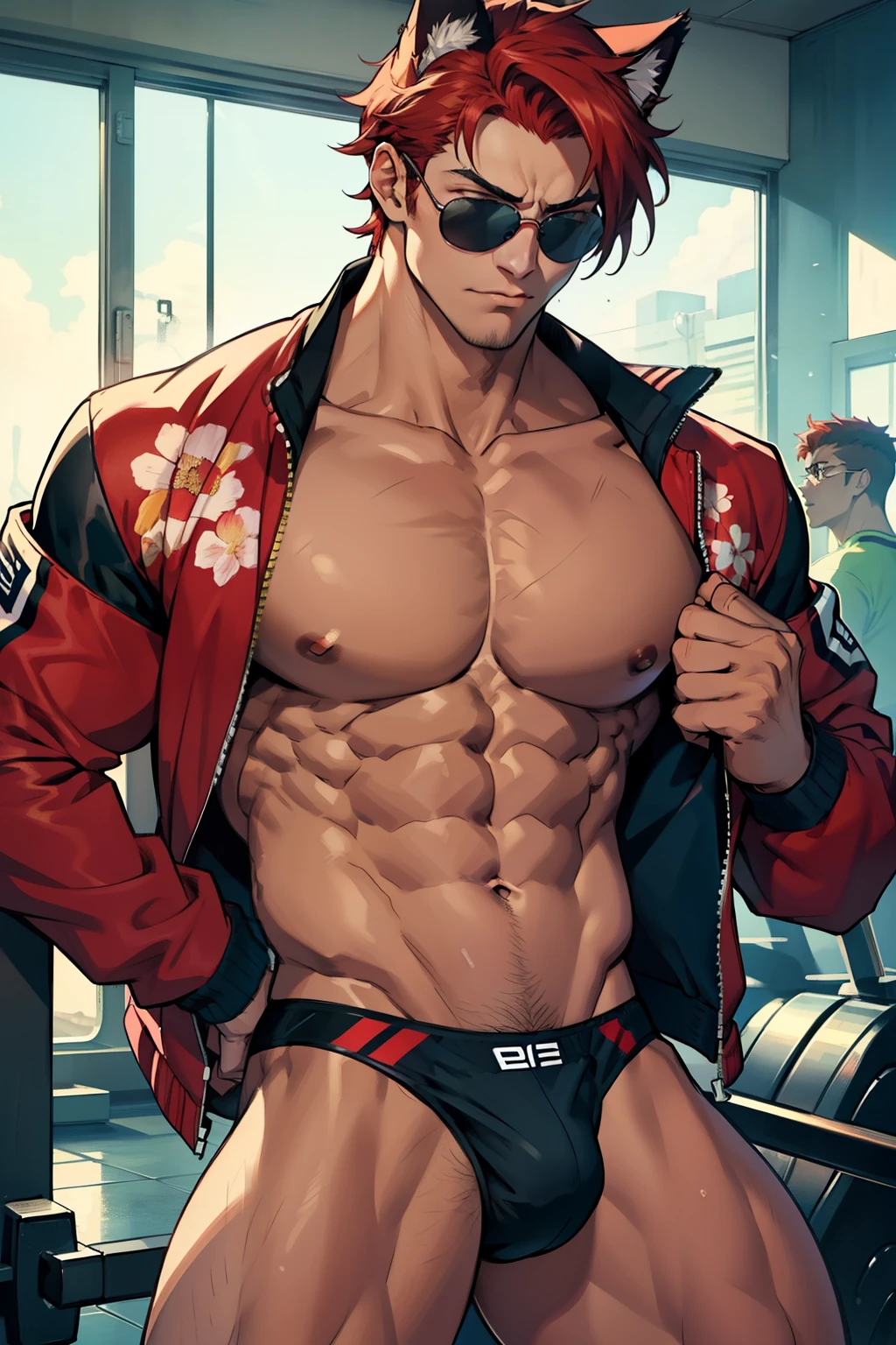 (1 boy,Be a man),Muscular anime guy in the gym, facial expression like masturbation, 1boy, bikini, Tight muscles, Broad shoulders, Handsome and old, Tiny underwear, Sexy, sex, Guy, Gay, Sea, jacket, sunglasses, boy, floral bikini, bright red hair, tight leg muscles, big Cook, cat ears,