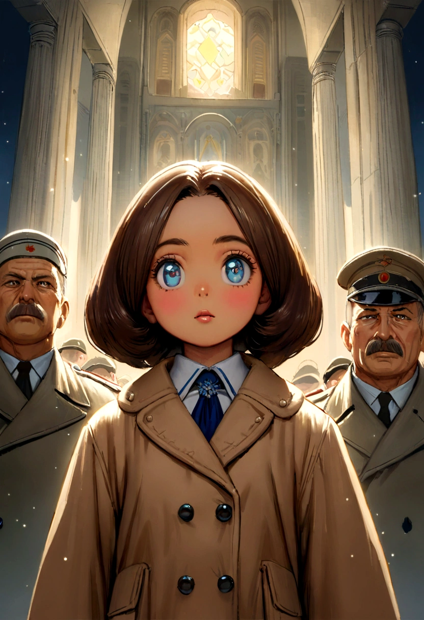 Cute brown hair girl, ojos azules, wearing a light brown Soviet winter jacket from the 1940s era, sentada, de fondo unas praderas nevadas