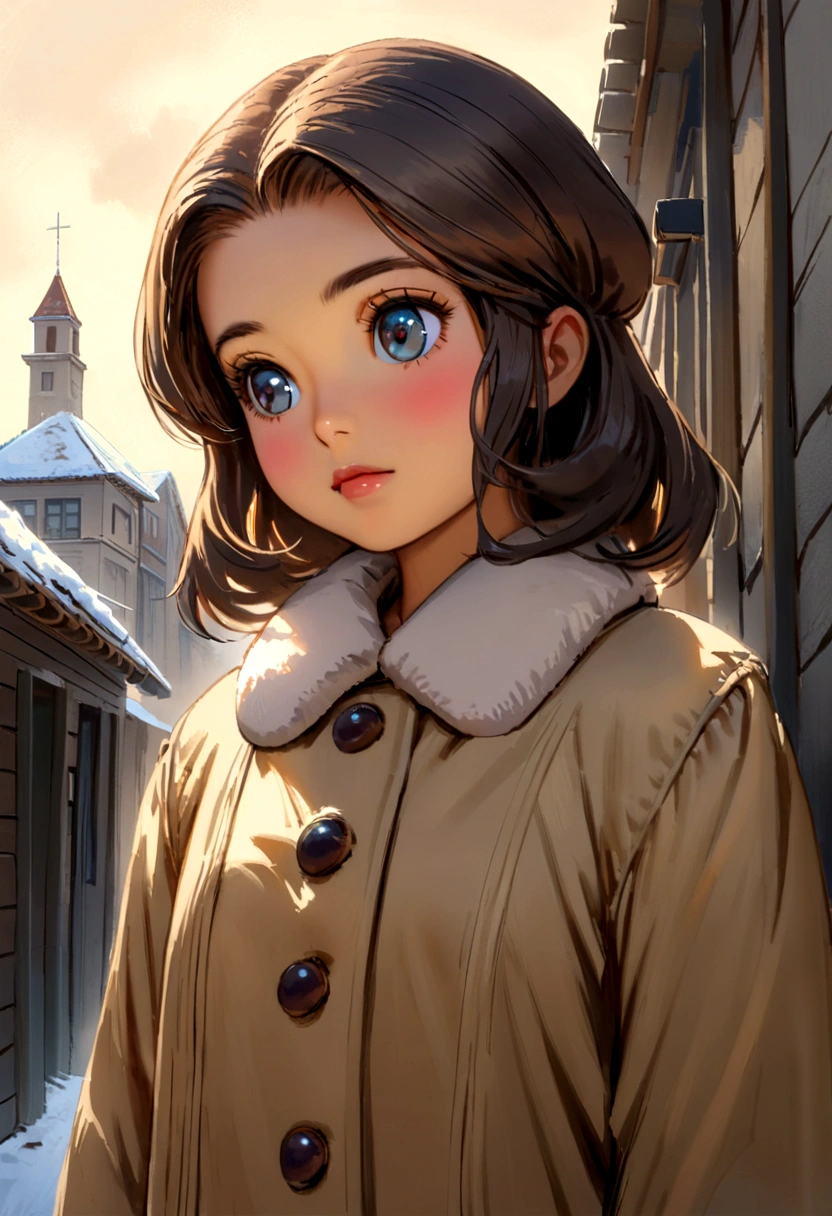 Cute brown hair girl, ojos azules, wearing a light brown Soviet winter jacket from the 1940s era, sentada, de fondo unas praderas nevadas