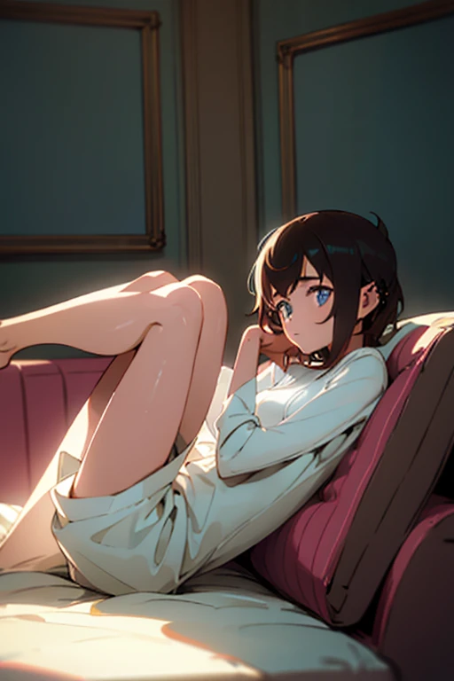 a beautiful girl lying on a sofa, short brown hair, piercing blue eyes, body facing up, legs retracted touching the sofa, looking contemplatively at the ceiling, photorealistic, 8k, highly detailed, masterpiece, studio lighting, soft warm lighting, delicate skin, intricate folds in clothing, cozy and relaxing atmosphere