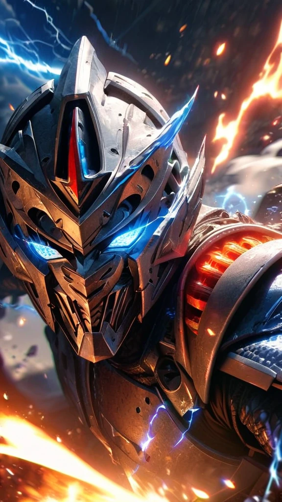 High quality, ultra realistic,absurdres, highres, ultra detailed, HDR, masterpiece, extremely detailed face and eyes, cool Kamen rider , Kamen rider mask , , solo, ,man, handsome, ,white eyeleshes, blue eyes , Epic fight scene, blue splashing effect,blue lightning effect,glowing glitters , flames effect