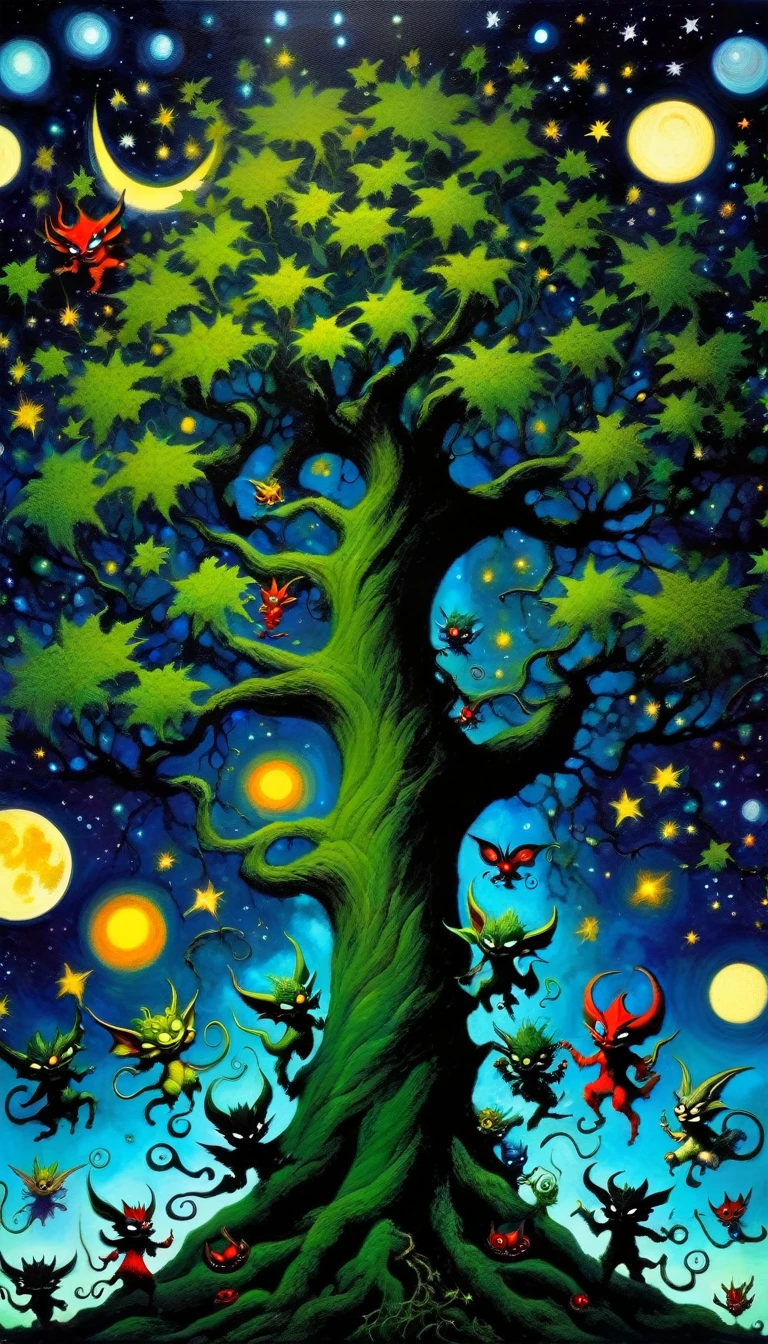 large very leafy tree that climbs to the heavens, impressive landscape, small and fun demons inhabit the tree, fantastic, night sky, moon, stars, background, (demons have fun, play and fight) (art inspired by Skottie Young and Bill Sienkiewicz). oil painting)