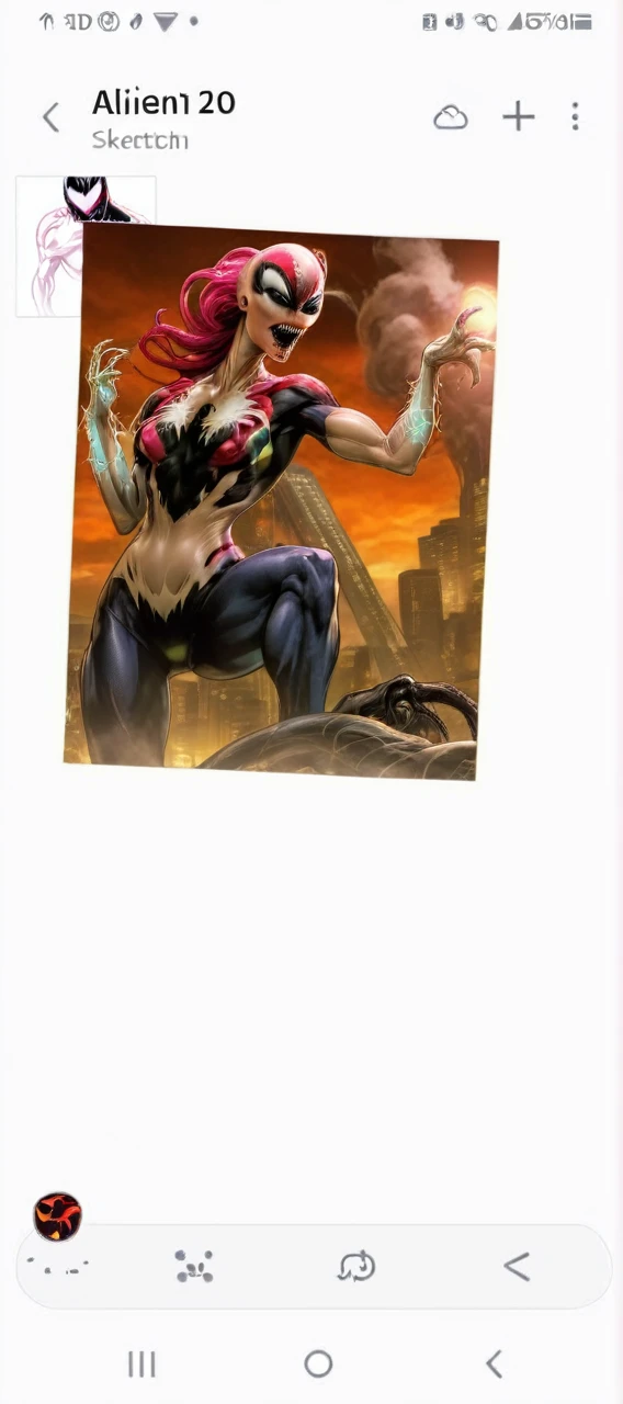 comic (Drawing:1.3) of (Sketch:1.3) a pink alien standing in front of a city, venom symbiote, symbiote, venom, official artwork hdr, screenshot from morbius 2022, hero pose colorful city lighting, 8k hd concept art, venomized, 8k render, 8 k high detail concept art, tor from marvel, background artwork, high detailed official artwork . graphic illustration, comic art, graphic novel art, vibrant, highly detailed