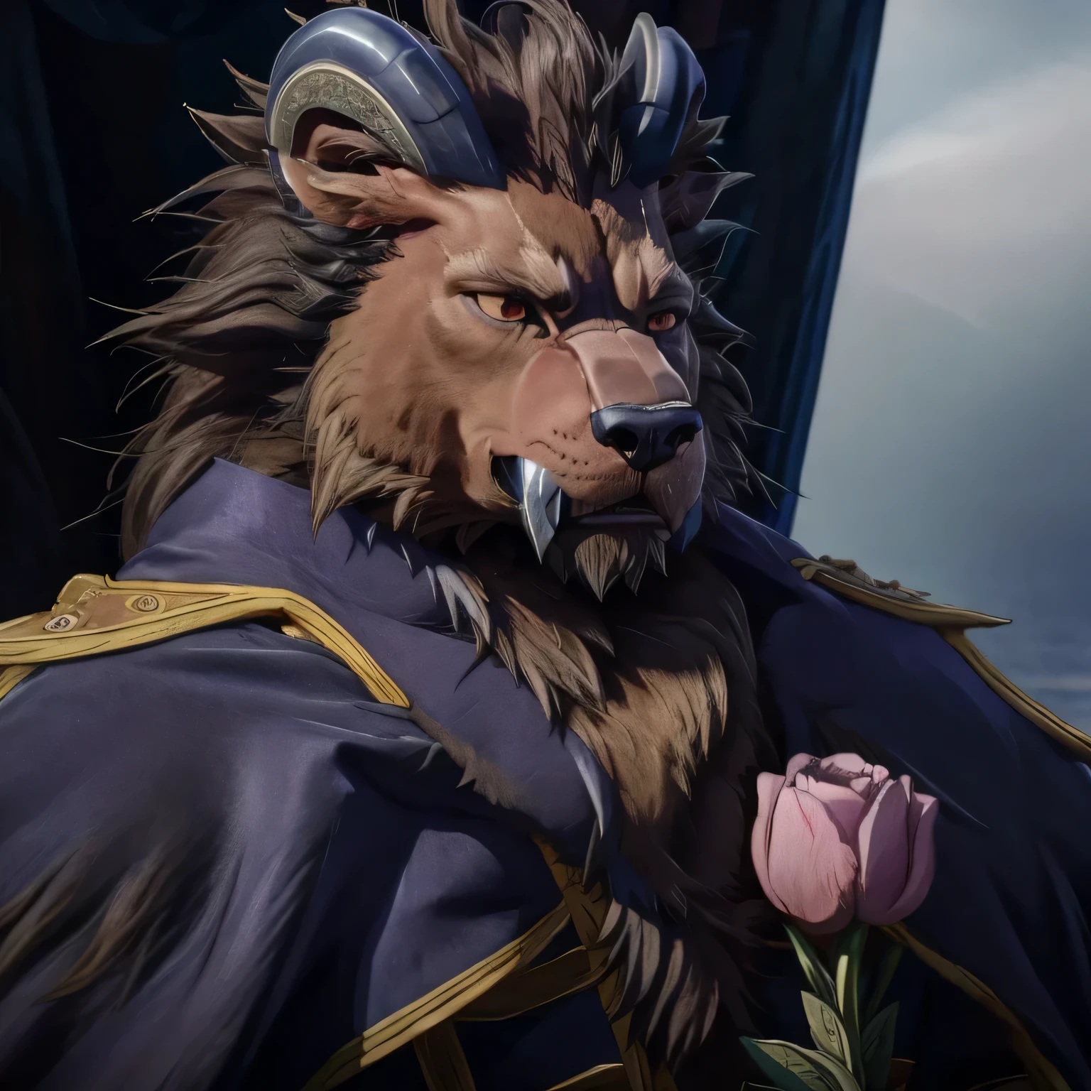 (Highest quality, 32K High Resolution:1.2, Very detailed, Realistic, photoRealistic, masterpiece,), Official Art, Full Body View, male, good looking, Majestic Beast, Dark sienna brown fur, Black Mane, Leonhard, Muscular body, Crimson Eyes, Serious look , Small ears, Curved black horns, Long upper jaw crab teeth)