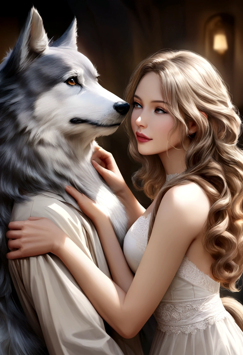 a beautiful couple with wolf beside them, a handsome man with a beautiful woman, fair skin, long brown curly hair woman, a white-fur wolf beside them, romance, good background, 4k, hd, hyper-realistic
