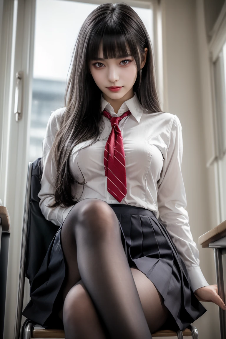 ((crossed legs:1.5)),Ultra-high resolution、(((Blunt bangs, Princess Bang))), (((Very heavy,Voluminous bangs:1.1))),(((very length, Very heavy,Very voluminous side locks:1.1))),, Princess Cut, Straight bangs hairstyle, Round face with Blunt bangs, length, Glossless hair、Bangs cut straight,(masterpiece, Highest quality:1.5), (ultra detailed 8k cg:1.4), (hyperRealistic:1.25), (PhotoRealistic:1.25), (Realistic:1.4), Cowboy Shot, (One from the front.4), (smile1.3), Beautiful Japanese Girl, ************, Supermodel, Japanese Idols, (smile), Big Breasts, Sweat、(school uniform:1.5)、(sitting on a chair in the classroom)、Accentuate your cleavage:1.5、Black Hair:1.2、Full body image、((Real person:1.5))、(pantyhose:1.2)、((from below:1.5))