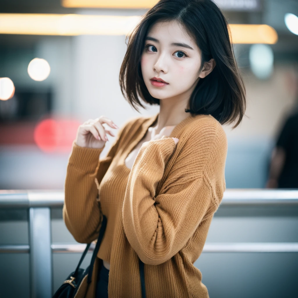 Cinematic Photo of a beautiful korean fashion model bokeh train uma mulher sexy com peitos grandes 