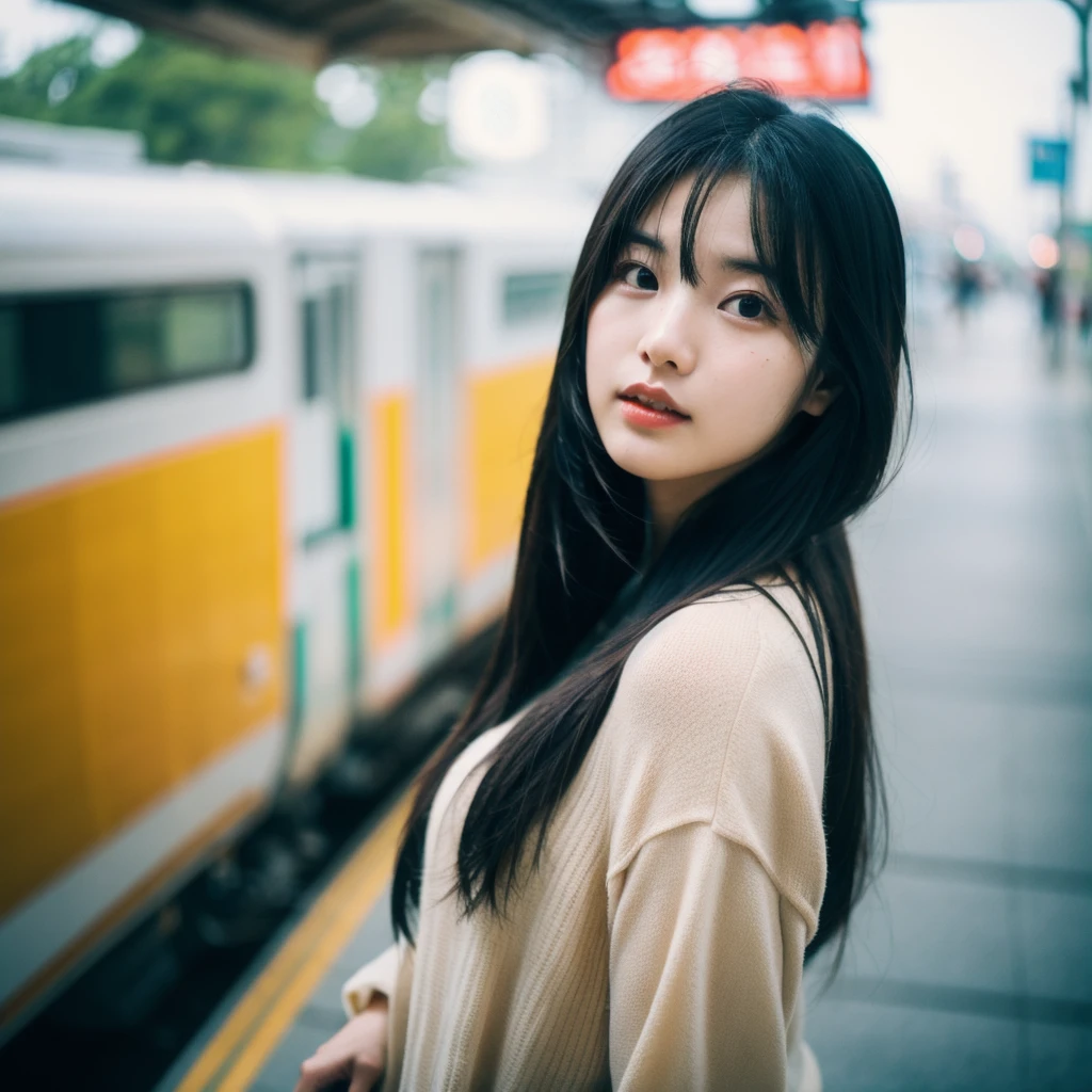 Cinematic Photo of a beautiful korean fashion model bokeh train uma mulher sexy com peitos grandes
