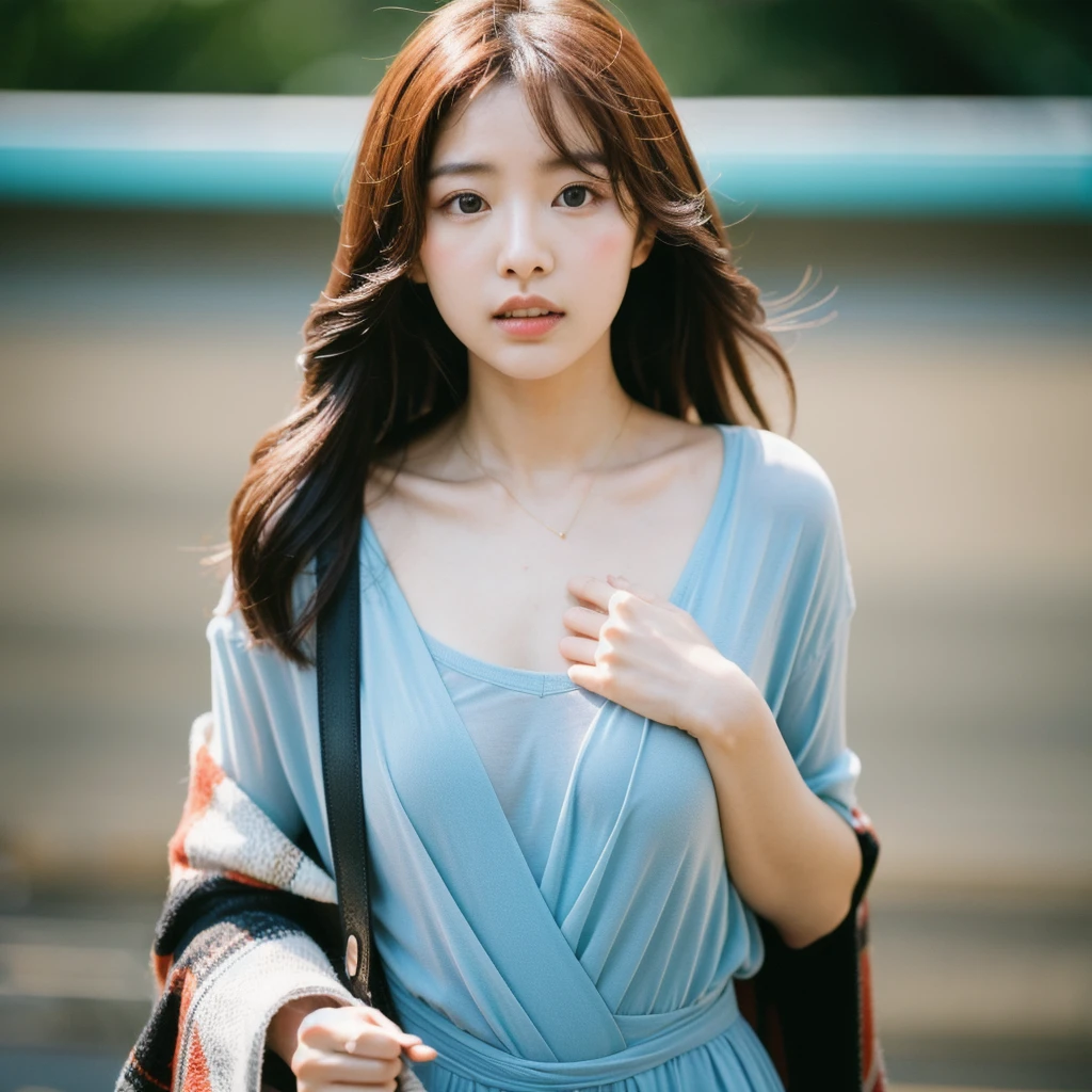 Cinematic Photo of a beautiful korean fashion model bokeh train uma mulher sexy com peitos grandes 