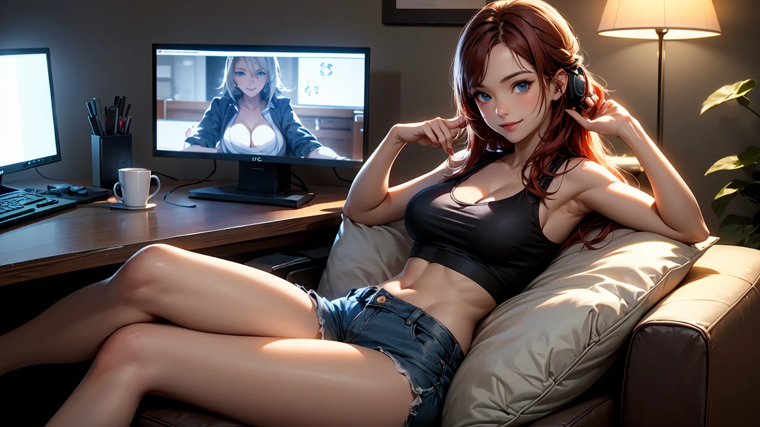 Create a high-quality, detailed image of a beautiful, sexy anime lofi girl with long red hair, bright blue eyes, and a smile, sitting at her gaming PC in a cozy lounge. She wears a tank top and shorts, showing her shoulder and midriff, highlighting her stunning curves and toned body. The warm, inviting scene includes soft ambient lighting, comfortable seating, and a high-end PC setup with multiple monitors and RGB lighting. The setting is illuminated by a small lamp, creating a serene and intimate atmosphere