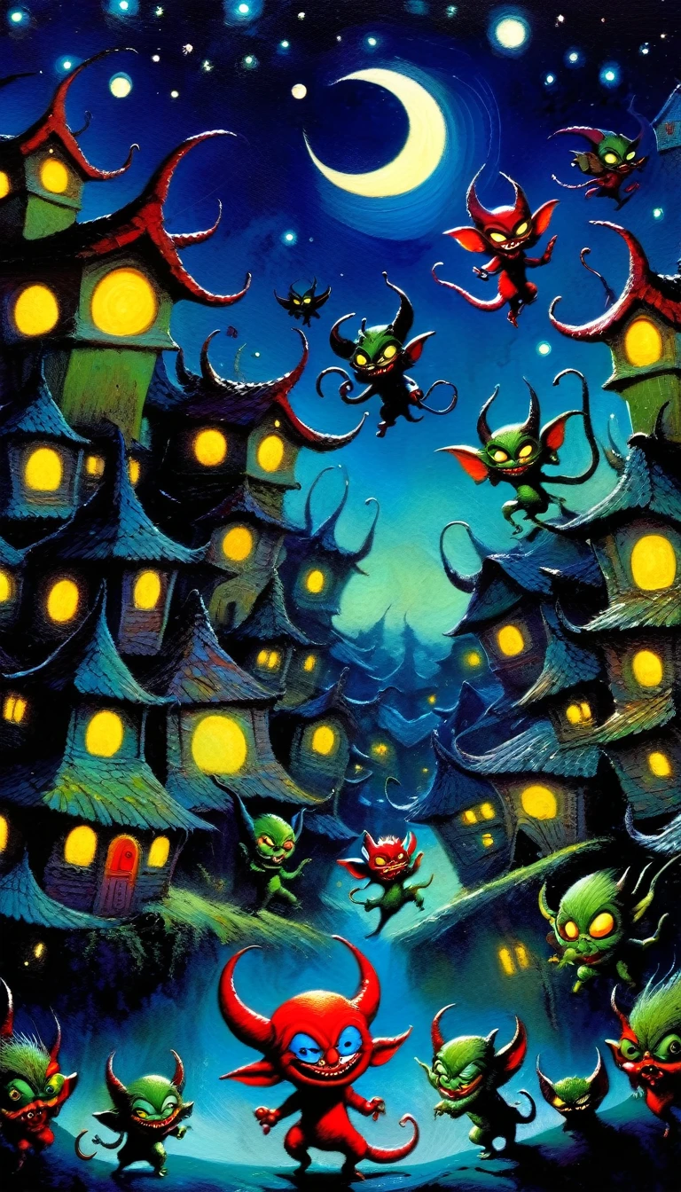 village of small and funny demons, impressive landscape, small and funny demons, fantastic, night sky, moon, stars, background, (demon houses) (demons have fun, play and dance) (art inspired by Skottie Young and Bill Sienkiewicz). oil painting)