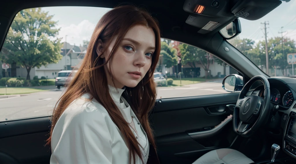 redhead haired woman in a car with a steering wheel, photo-realistic unreal engine, artstyle : ilya kuvshinov, trending on mentalray, inspired by Nína Tryggvadóttir, elle fanning as an android, beautiful crying! android woman, freya, hyper control-realism, 8k n 9