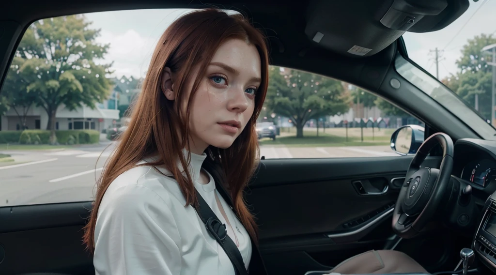 redhead haired woman in a car with a steering wheel, photo-realistic unreal engine, artstyle : ilya kuvshinov, trending on mentalray, inspired by Nína Tryggvadóttir, elle fanning as an android, beautiful crying! android woman, freya, hyper control-realism, 8k n 9