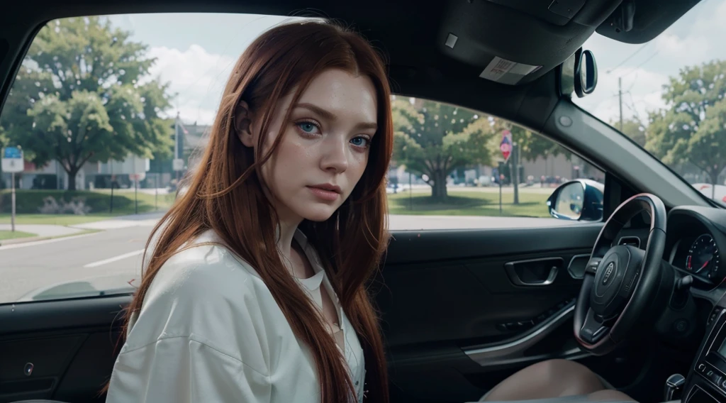 redhead haired woman in a car with a steering wheel, photo-realistic unreal engine, artstyle : ilya kuvshinov, trending on mentalray, inspired by Nína Tryggvadóttir, elle fanning as an android, beautiful crying! android woman, freya, hyper control-realism, 8k n 9