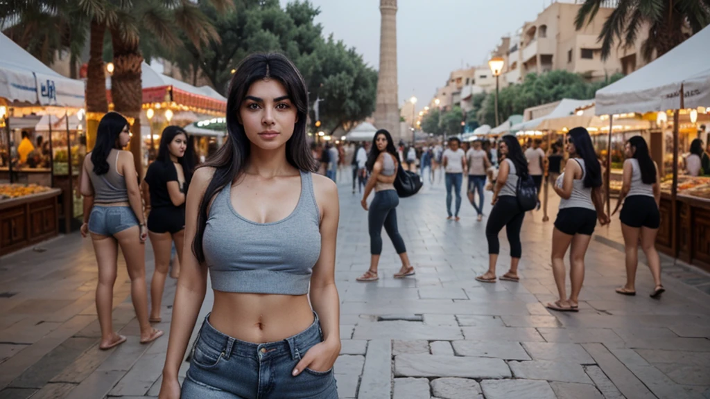 A woman of turkish appearance,25 years,detailed facial features,(Grayish blue eyes color:1.3),turkish eyes shape, Thick eyebrows,Full upper lip, thin lower lip,turkish jawline,black hair, gray color Shorts and tank top clothes,(Modest),Foreground-Focused Composition,posing in Jamaa el Fna Square,blurred background,dim lighting,RAW photo
