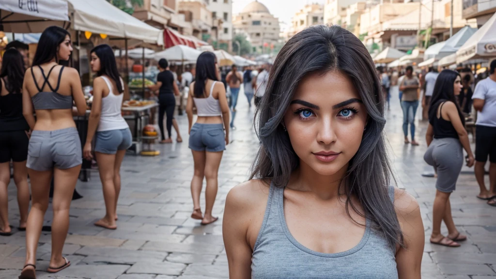 A woman of turkish appearance,25 years,detailed facial features,(Grayish blue eyes color:1.3),turkish eyes shape, Thick eyebrows,Full upper lip, thin lower lip,turkish jawline,black hair, gray color Shorts and tank top clothes,(Modest),Foreground-Focused Composition,posing in Jamaa el Fna Square,blurred background,dim lighting,RAW photo