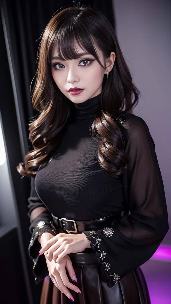 best quality、ultra-detailed、8k、Japanese、Japanese、Seductive beauty、seductive adult woman、Pretty Woman、cool girl、smirk、Wicked Smile、Villainess、brainwash makeup、Brainwashed、brainwash、Fallen into evil、Evil look、evil、Brown hair、wavy hair、swept bangs、dark makeup、piercing eyes、hollow eyes,half-closed eyes、Hollow Eyes、purple Eyeshadow、black lipstick、black lipglos、black elegant dress、wide sleeve、Black flared skirt、skin color pantyhose、stockings、night、inside darkroom、hand hold pantyhose、Are standing、Look、Offer、shoot from below、Swear allegiance、I have pledged my allegiance、