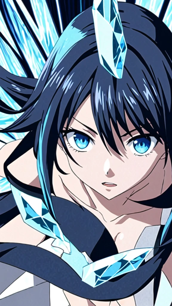 anime girl with black hair and blue highlights with blue eyes and horns fighting with power of crystals