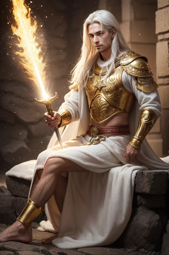 No meio deles estava um ser parecido com um homem, wearing a garment that reached to the feet and with a gold band around the chest.His hair was white like wool or snow., e os seus olhos eram brilhantes como o fogo. His feet shone like bronze refined in the furnace and then polished, e a sua voz parecia o barulho de uma grande cachoeira. In his right hand he held seven stars, and out of his mouth came a sharp sword on both sides. O seu rosto brilhava como o sol do meio-dia.