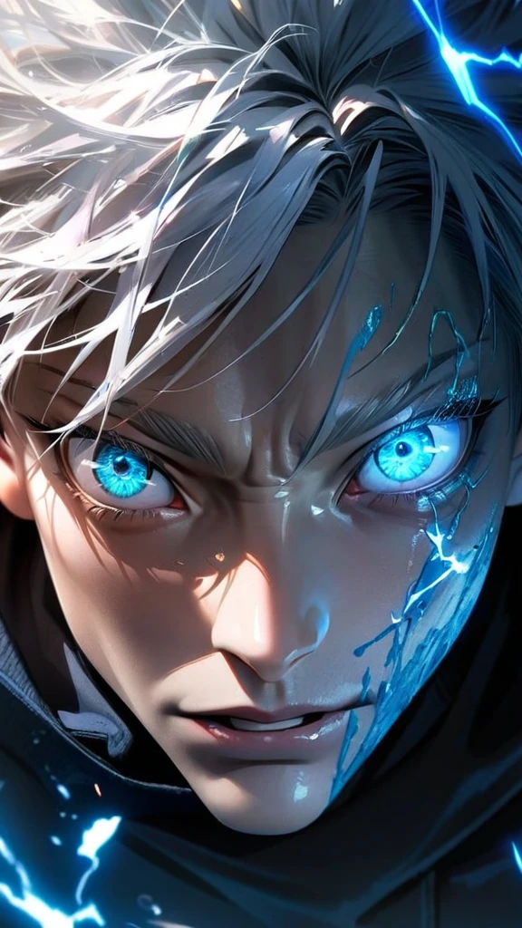  High quality, ultra realistic,absurdres, highres, ultra detailed, HDR, masterpiece, extremely detailed face and eyes,  Gojo satoru , jujutsu kaisen,, white hair ,black shirt , solo, ,man, handsome, ,white eyeleshes, blue eyes , Epic fight scene, blue splashing effect,blue lightning  effect,glowing glitters , close up,cool eyes, symetrical 