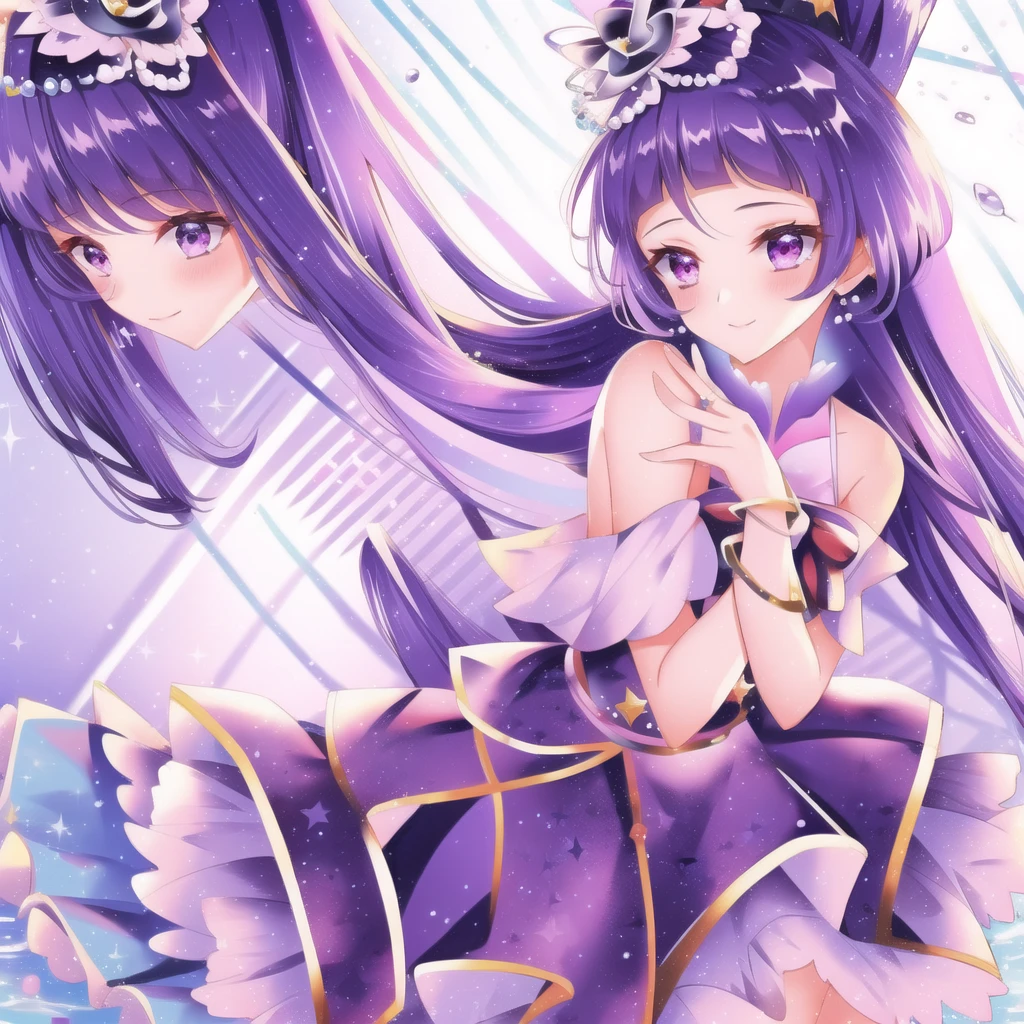 One girl, alone, Long Hair, View your viewers, smile, skirt, Have, jewelry, Are standing, Purple eyes, Purple Hair, Braiding, null, choker, abdomen, Pink Eyes, water, star (symbol), bracelet, blue skirt, Black Hat, witch Have, Blue ribbon, Magical girl, High Ponytail, gem,White Background, Bridal Gauntlet, purple skirt, mini Have, crown Braiding, blue choker, Wide ponytail, I will be happy