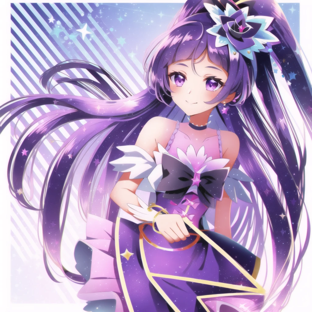 One girl, alone, Long Hair, View your viewers, smile, skirt, Have, jewelry, Are standing, Purple eyes, Purple Hair, Braiding, null, choker, abdomen, Pink Eyes, water, star (symbol), bracelet, blue skirt, Black Hat, witch Have, Blue ribbon, Magical girl, High Ponytail, gem,White Background, Bridal Gauntlet, purple skirt, mini Have, crown Braiding, blue choker, Wide ponytail, I will be happy