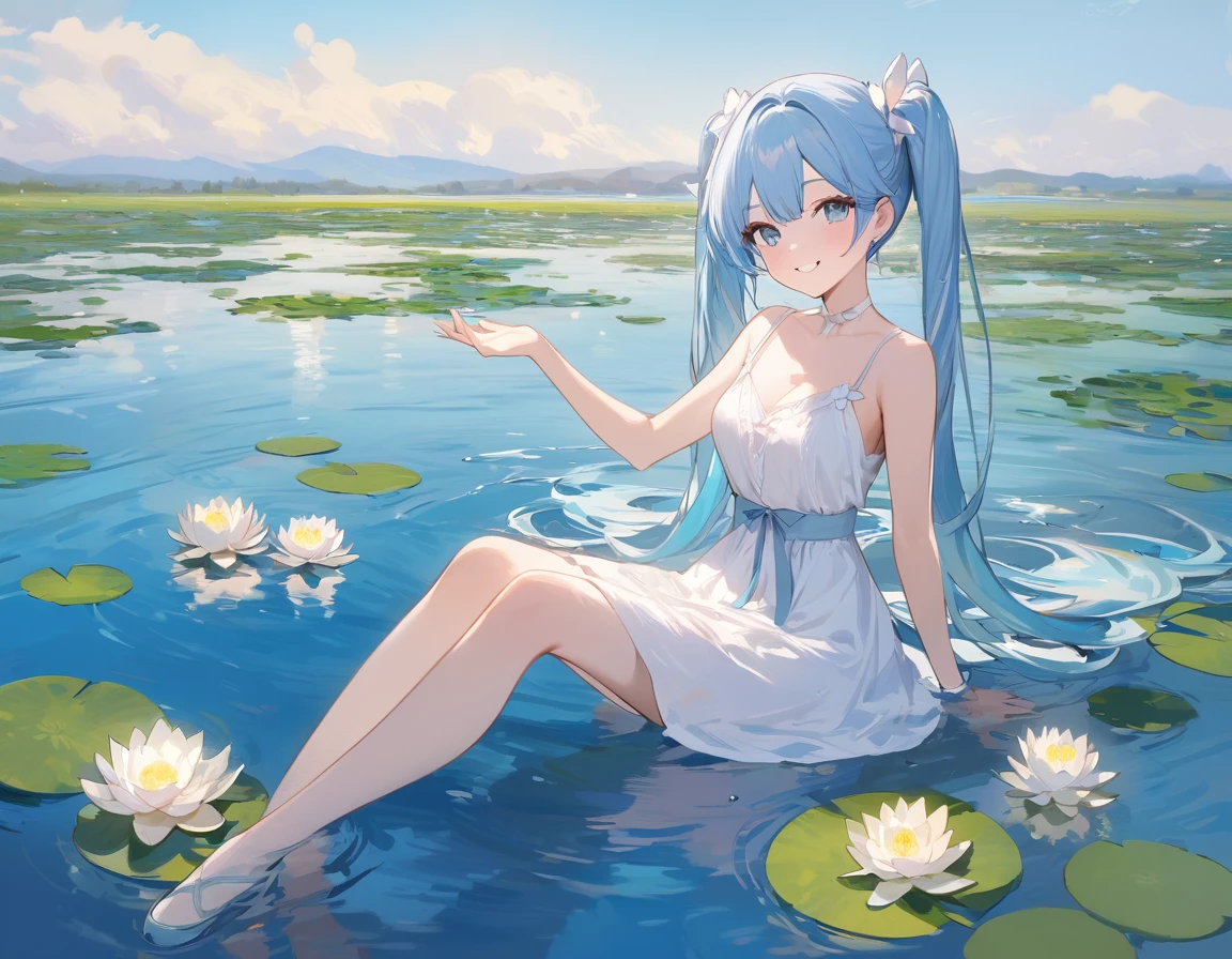Light blue long hair，Beautiful girl with twin tails、water．water lily(many, Impressionism, oil)、White Dress、Bright smile、Masterpiece、Blue Sky、