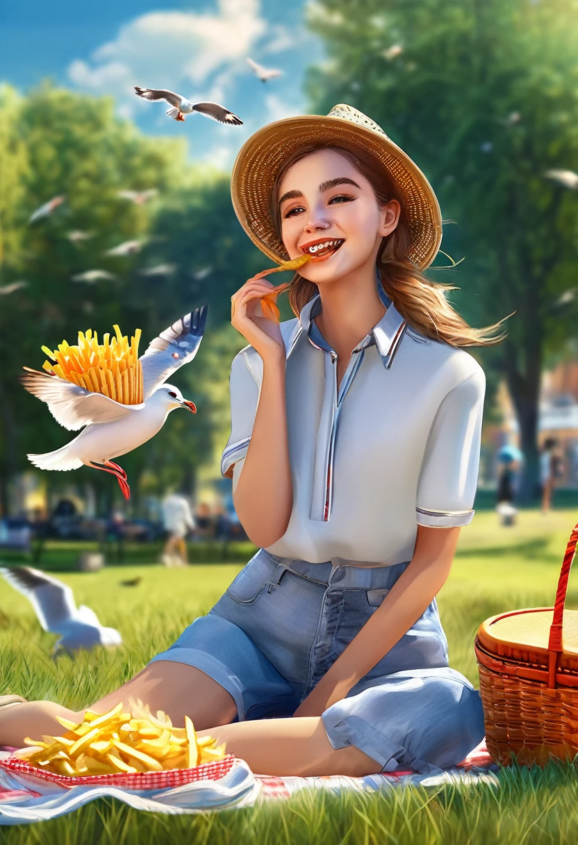 1girl, seagull, french fries, picnic basket, summer day, outdoors, sunny, smiling, casual clothes, sitting on grass, detailed face, realistic, photorealistic, 8k, high quality, digital art, vibrant colors, natural lighting, detailed background