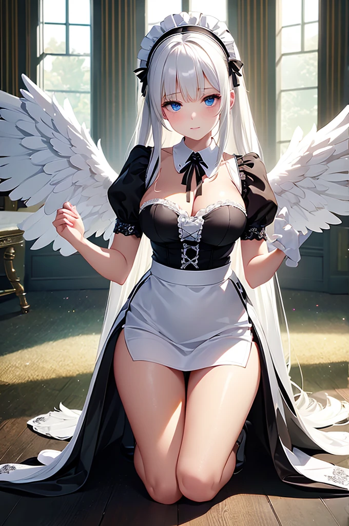 1 girl, Cynthia, Pokemon, blonde hair, long hair, grey eyes, soft, soft light, delicate, frills, ass, dripping cum, (very large breasts, exposed breasts, nipples), frilly, smirk, happy, excited, bows in hair, black frilly thighhighs, gold filigree, choker with bow, ruffles