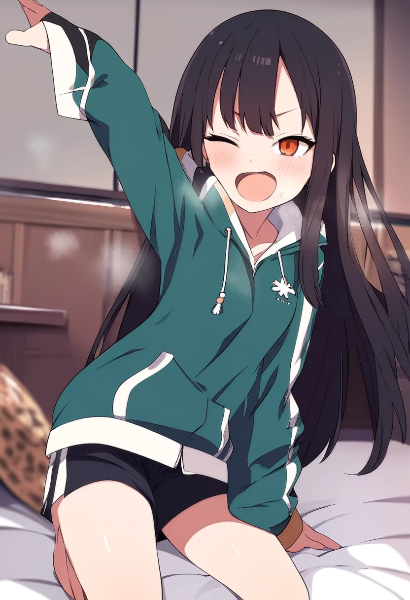 (((((whole body)))))、Utsuho、Green pleated skirt、smile,、Cowboy Shot、 standing on one leg ,leg_lift,panties,standing_split、