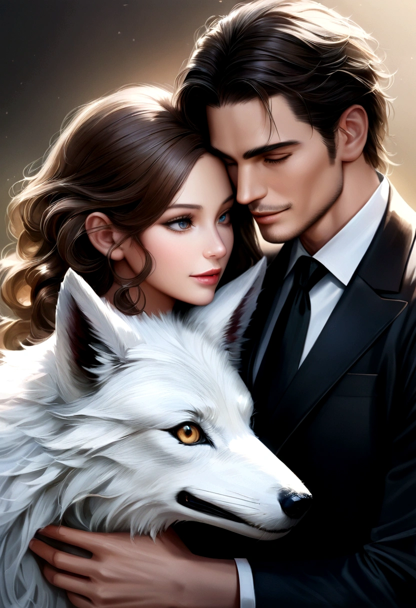 a beautiful couple, a white wolf, a handsome man with a beautiful woman, fair skin, long brown curly hair woman, a white-fur wolf beside them, romance, good background, 4k, hd, hyper-realistic