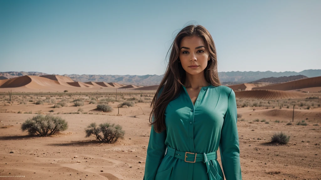 A woman of Finland appearance,49 years,detailed facial features,(Brown eyes color:1.3),Italian eyes shape, Natural eyebrows,Downward sloping lips,Turkish jawline,(Long hair),Lavender hair, emerald green color Pantsuit clothes,(Modest),Perspective Composition,posing in Desert landscape,blurred background,dim lighting,RAW photo,8K UHD,high quality,film grain,Leica SL2 - Leica APO,(realistic foto:1.2)