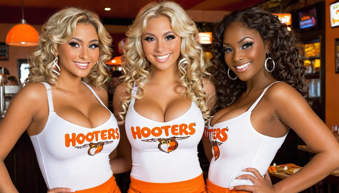 2 ebony girls, dark skin, chocolate skin, very sexy buxom glamour models, sexy bimbos standing in a restaurant, hooters waitress, hooters uniform, sultry, long curly hair, elegant hair, blonde highlights, sexy eyes, tanlines, topless. exposed breasts, perfect large breasts, sexy body, wide hips, thick thighs, seductive face, pierced belly button, sexy waitress, flirty, naughty_face, seductive, smiling and flirting, male_pov. extremely detailed, high precision, detailed rendering, expensive earrings