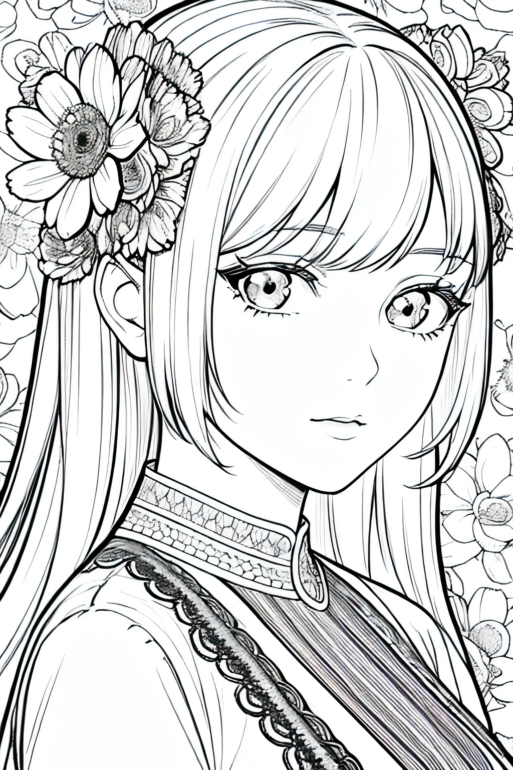 best quality, high resolution, detailed background, high contrast, 1 girl, close-up of the head, floral background, clean line drawings, vibrant colors