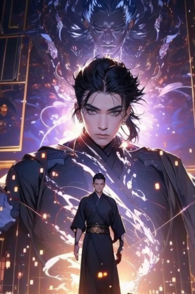 a man in a black robe, young and handsome man, ponytail, long hair, ancient Chinese clothing, qi, a huge saber, ancient Chinese buildings in the background, night, powerful character, purple rays, a beautiful landscape. Detailed face, thick eyebrows, black eyes, 8k, robe embroidered with gold edges, detailed clothing, xianxia, ​​world of cultivation.